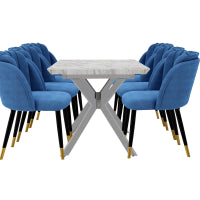 Milano Blaze LUX Dining Set | a White EXTENDABLE Dining Table & 6 Velvet Dining Chairs with Silver End Caps