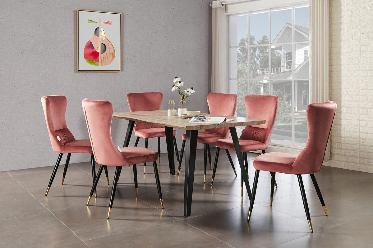 7 Pieces New York Rocco Dining Set - a Walnut Rectangular Dining Table and Set of 6 Green Dining Chairs