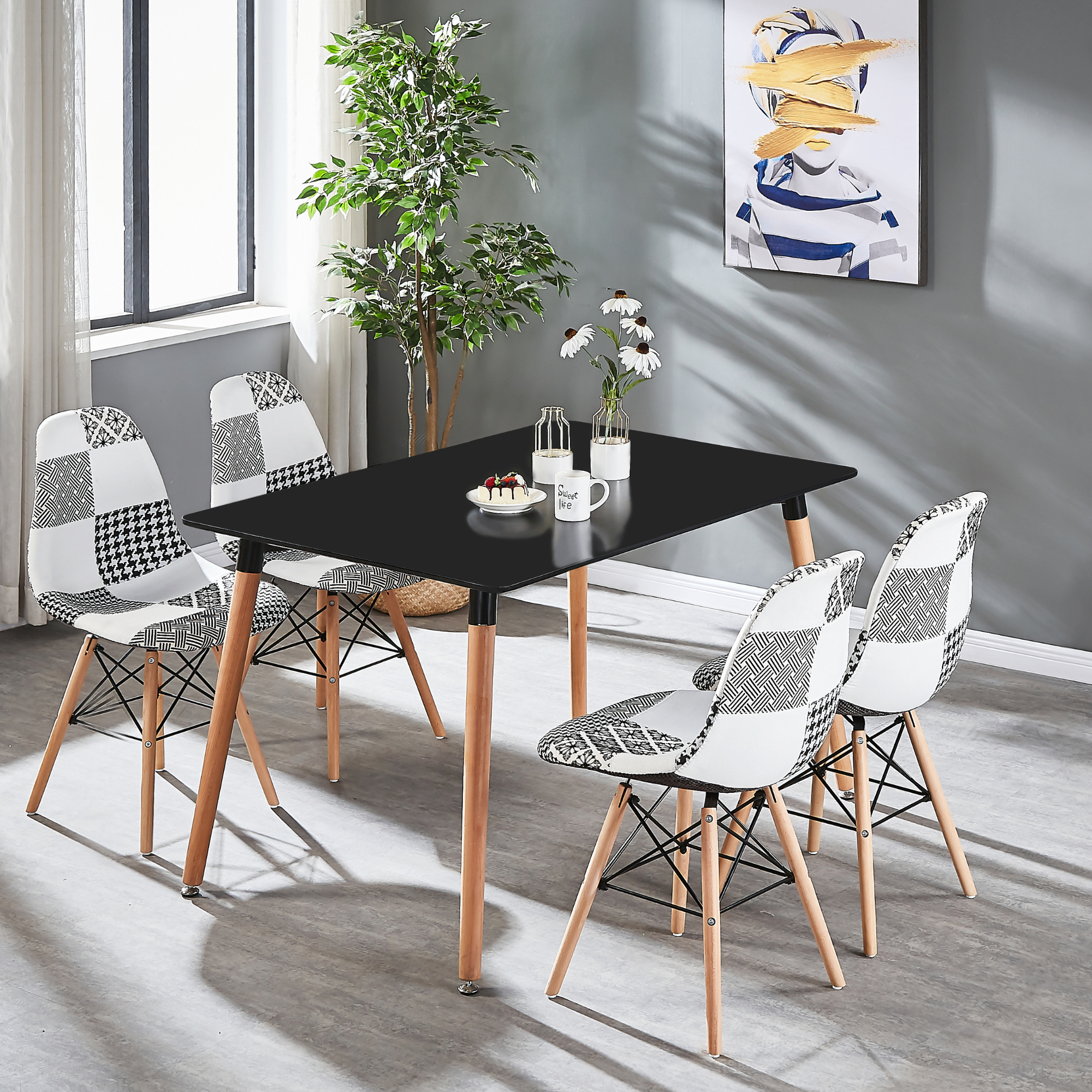 Black/White Patchwork Modern Dining Chair with Wooden Legs & Black Metal Wire Frame - PN Home