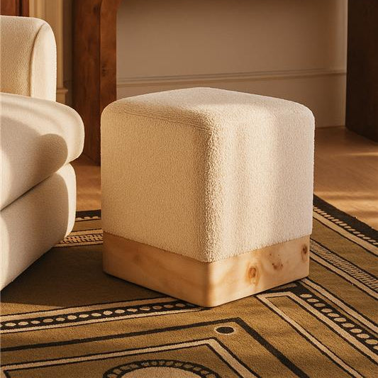 Mota Burl Wood And Cream Boucle Sqaure Stool