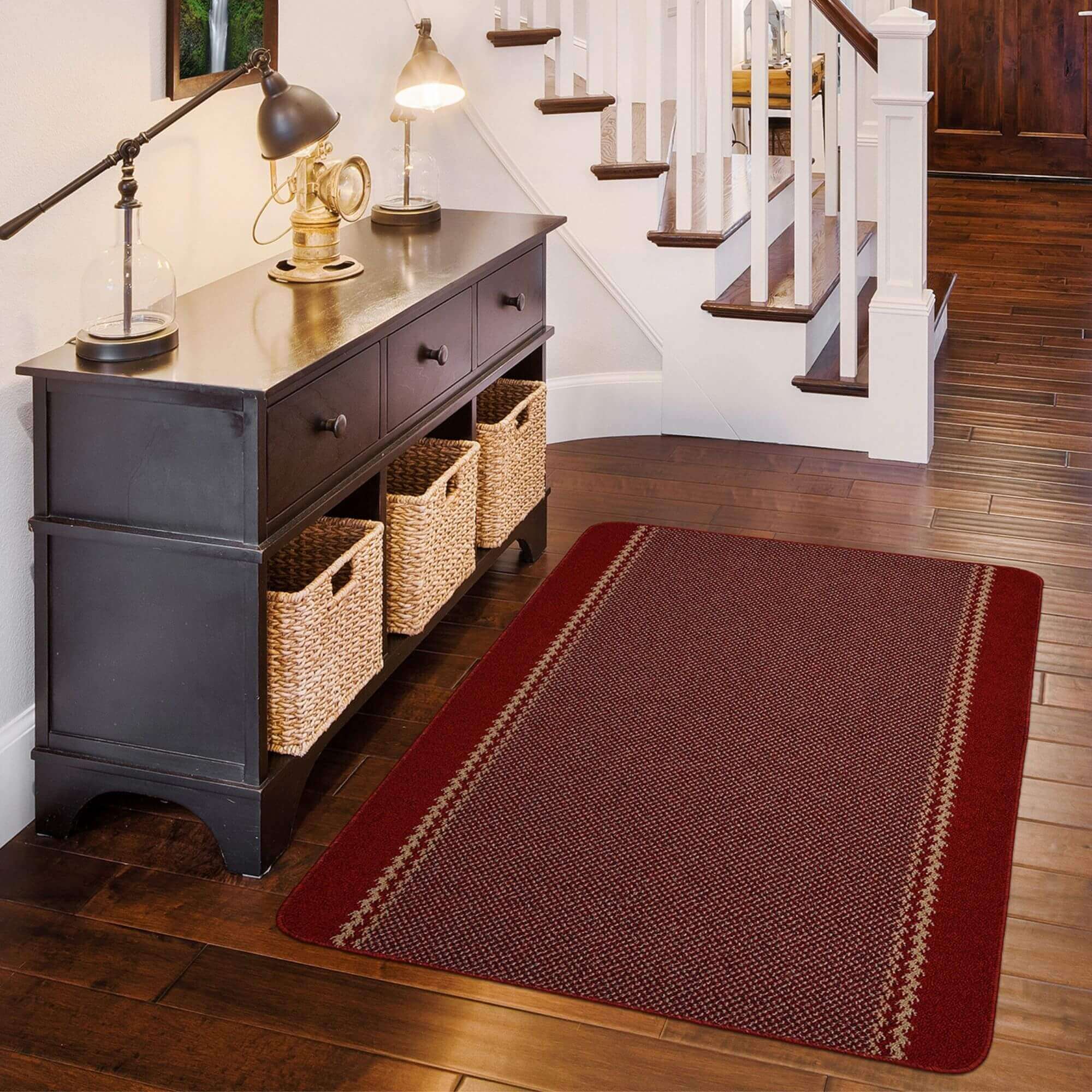 Washable Designer Bordered Red Rug | 116R - PN Home