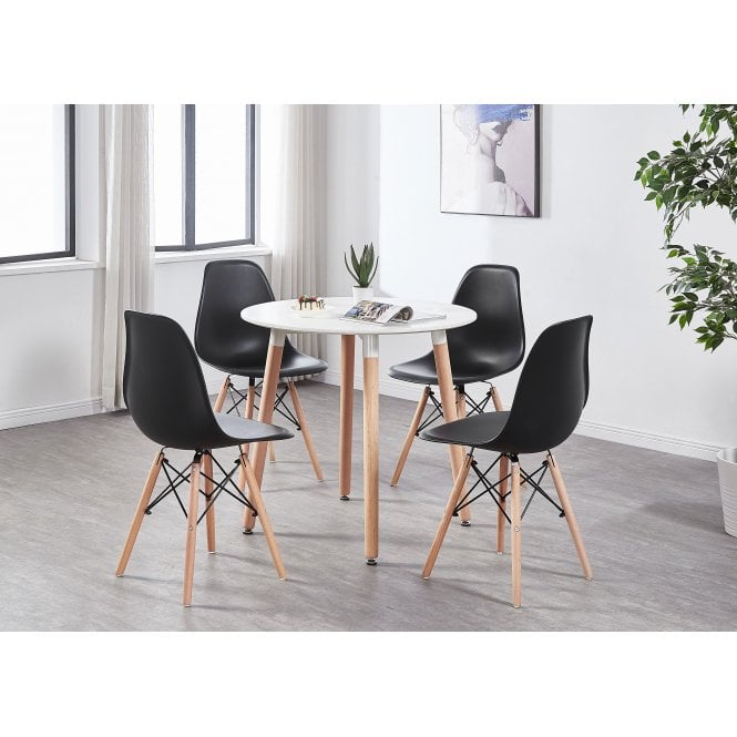 Eiffel Halo Round Dining Table Set with 4 Chairs - MDF Top, Plastic Chairs with Wooden Legs