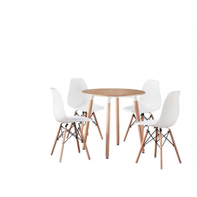 Eiffel Halo Round Dining Table Set with 4 Chairs - MDF Top, Plastic Chairs with Wooden Legs