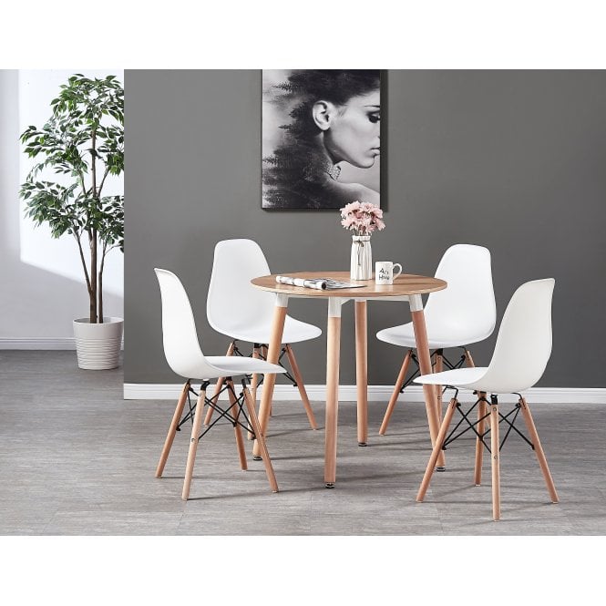 Eiffel Halo Round Dining Table Set with 4 Chairs - MDF Top, Plastic Chairs with Wooden Legs