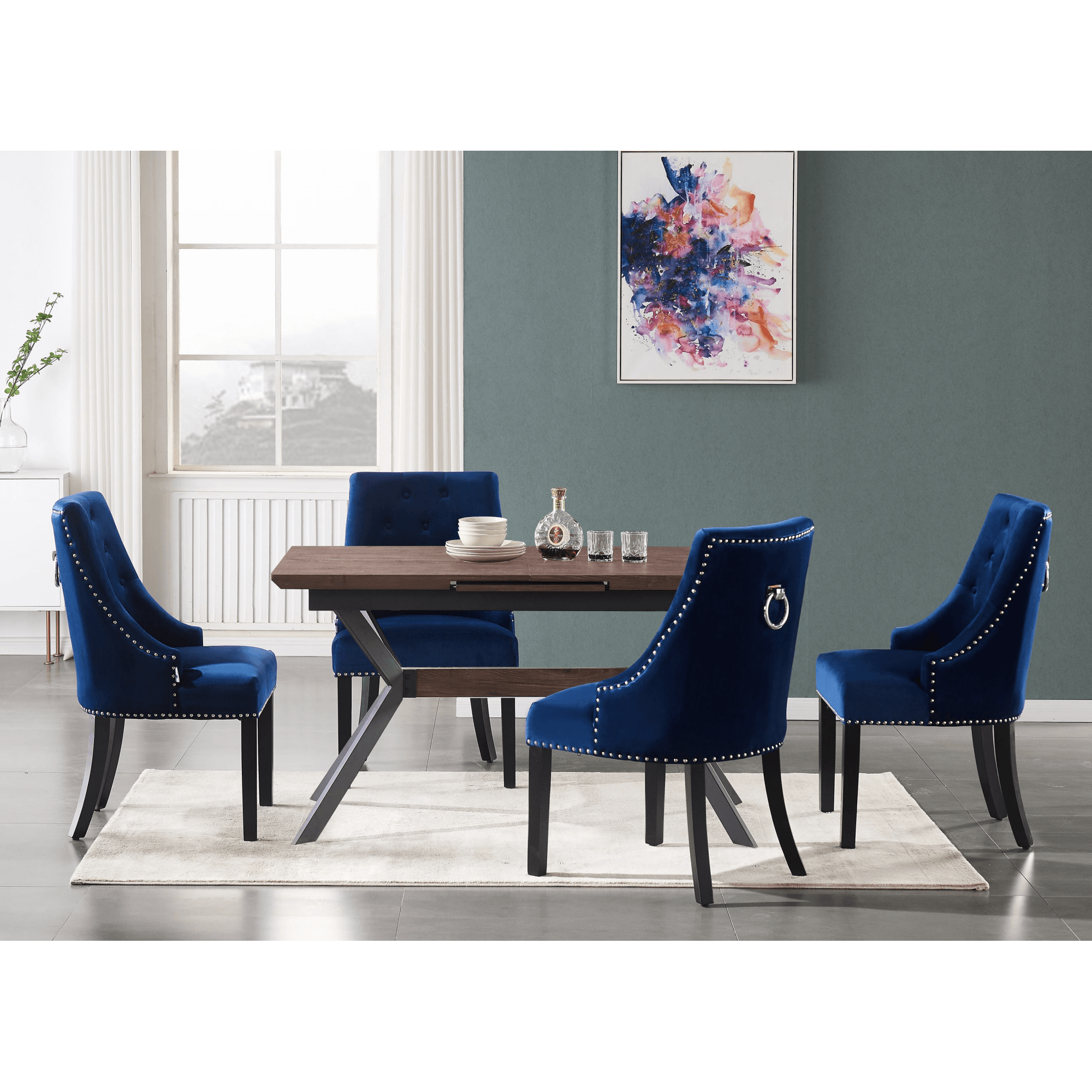 Blaze Walnut Dining Table and Set of 4 Black Windsor Dining Chairs