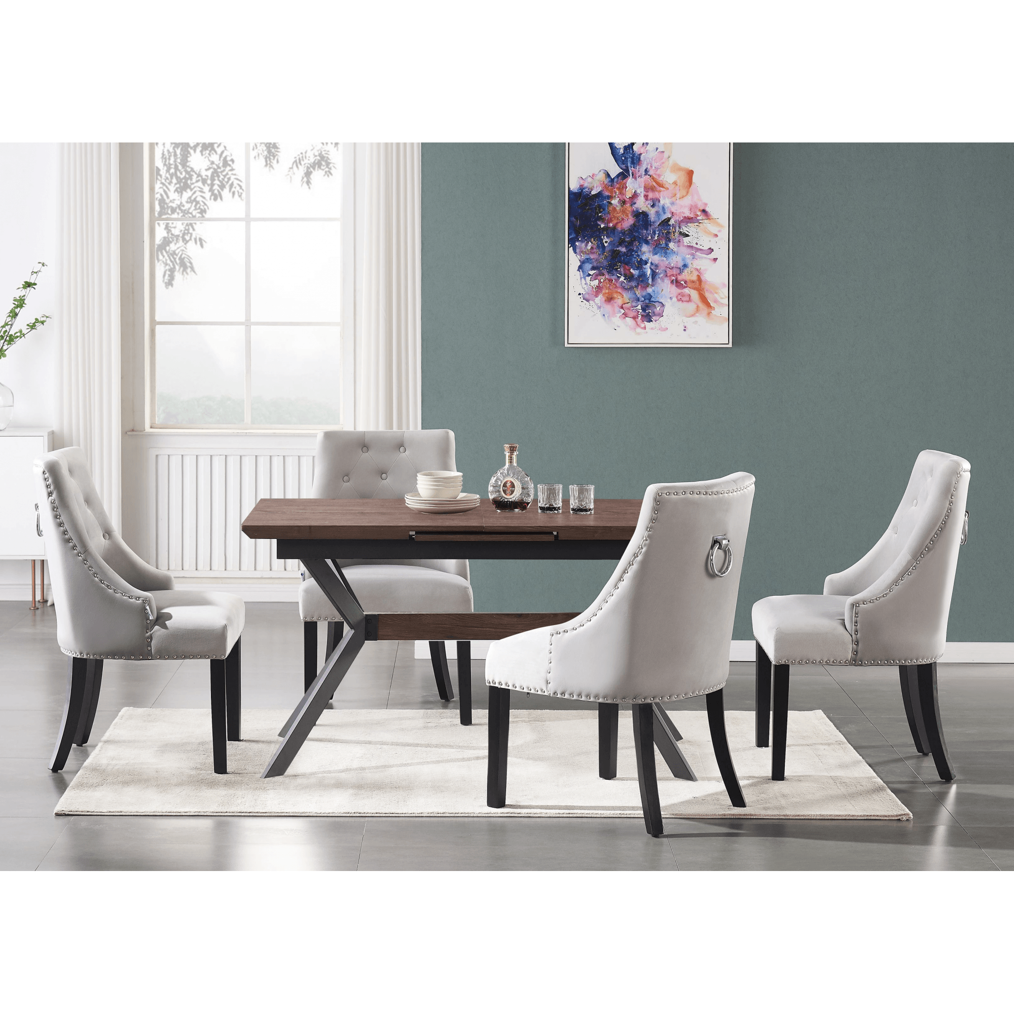 Blaze Walnut Dining Table and Set of 4 Black Windsor Dining Chairs