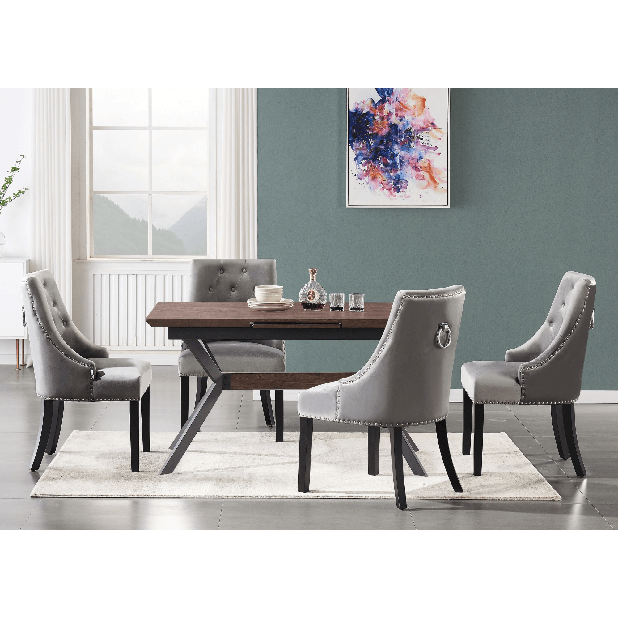 Blaze Walnut Dining Table and Set of 4 Black Windsor Dining Chairs