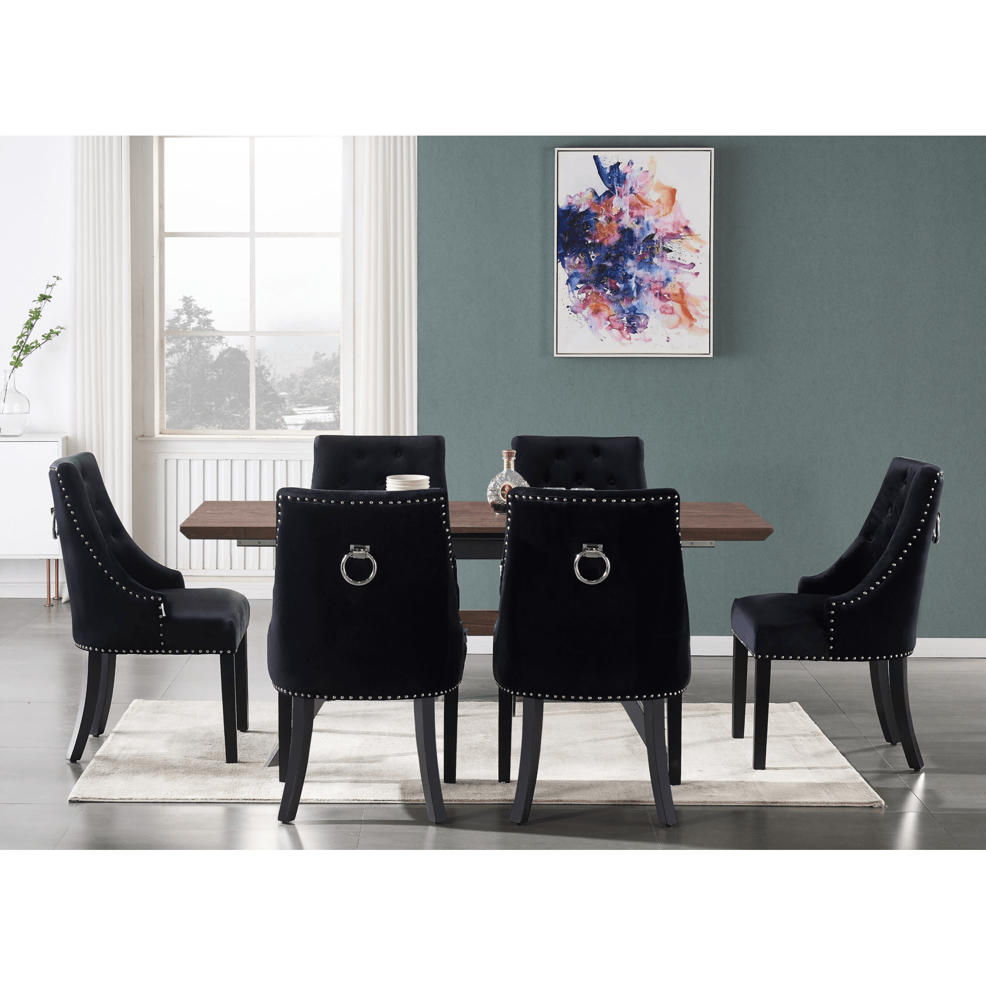 Blaze Walnut Dining Table and Set of 4 Black Windsor Dining Chairs - PN Home