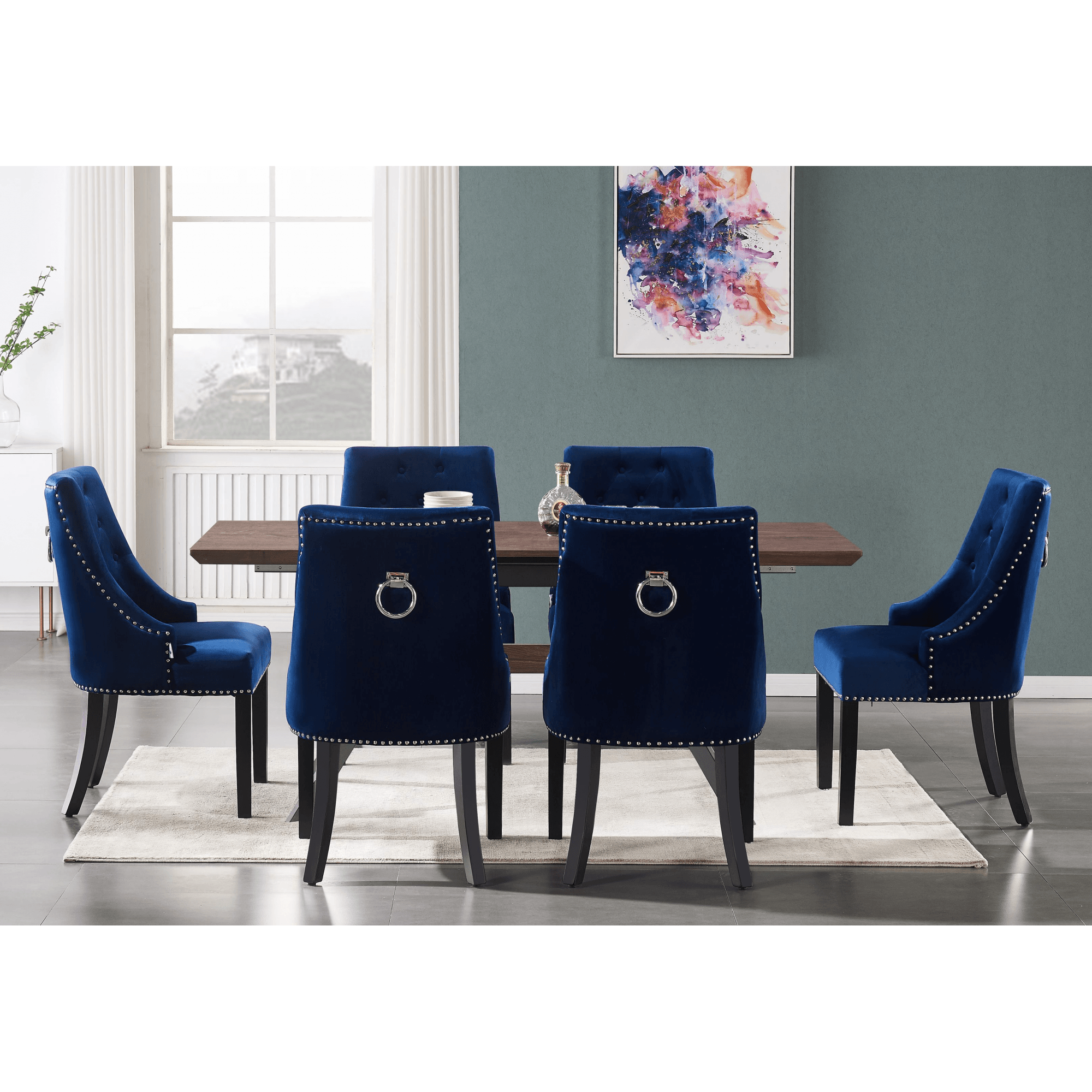 Blaze Walnut Dining Table and Set of 4 Black Windsor Dining Chairs - PN Home