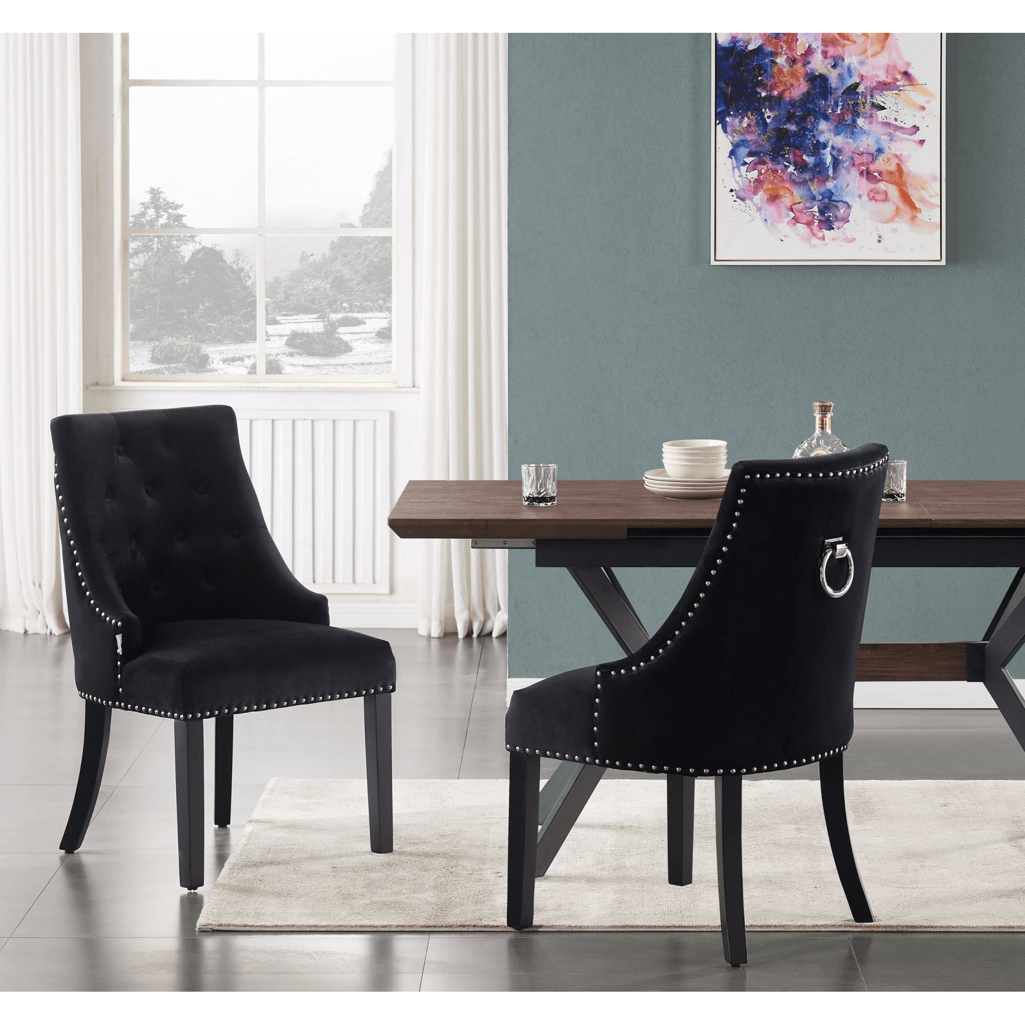Blaze Walnut Dining Table and Set of 4 Black Windsor Dining Chairs - PN Home