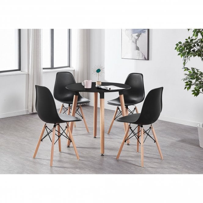 Eiffel Halo Round Dining Table Set with 4 Chairs - MDF Top, Plastic Chairs with Wooden Legs