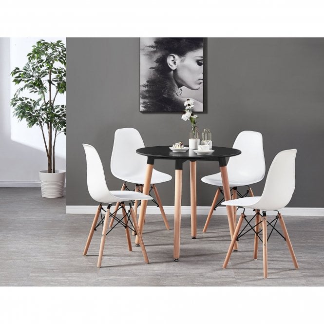 Eiffel Halo Round Dining Table Set with 4 Chairs - MDF Top, Plastic Chairs with Wooden Legs