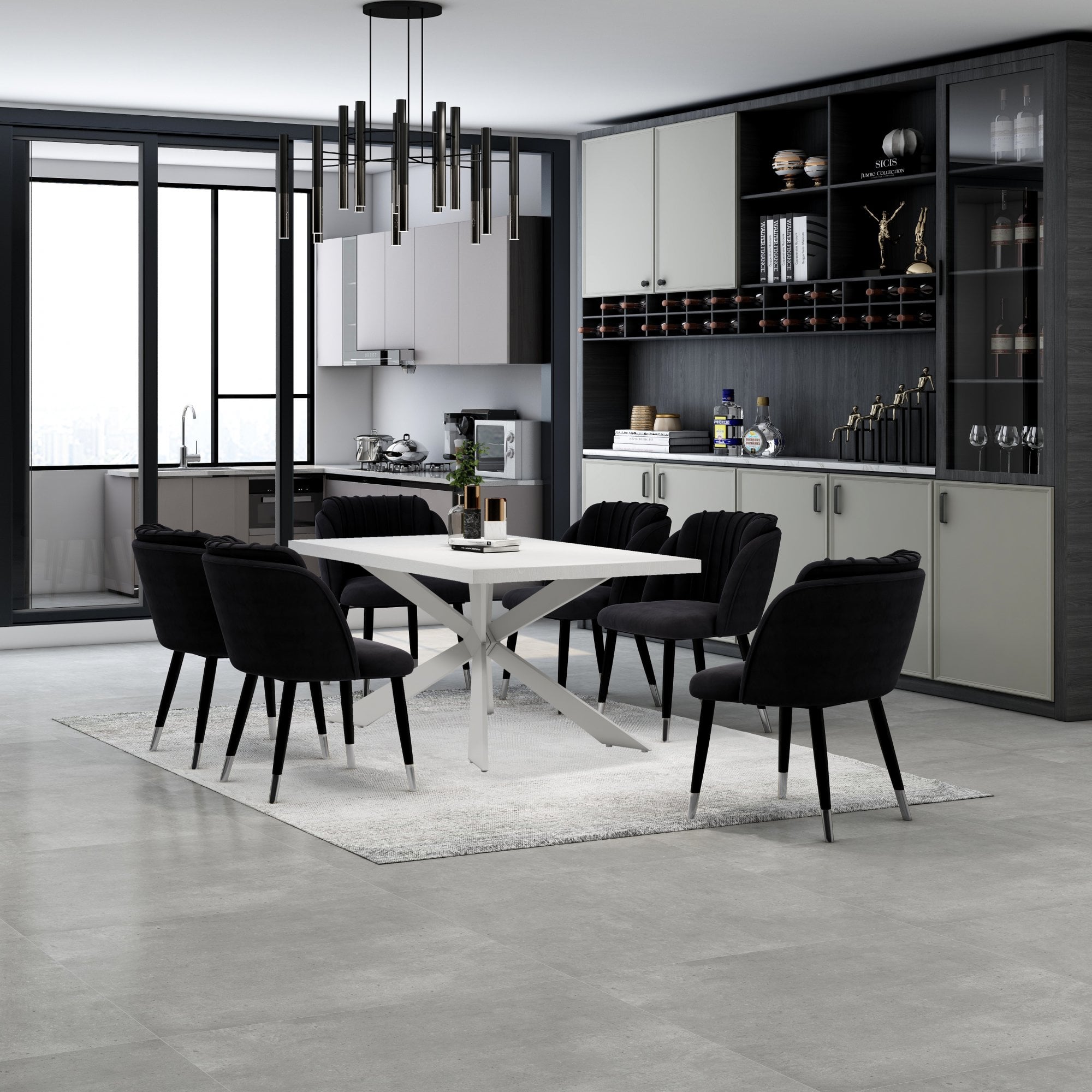 Milano Duke LUX Dining Set | a White Dining Table & 6 Velvet Dining Chairs with Silver End Caps