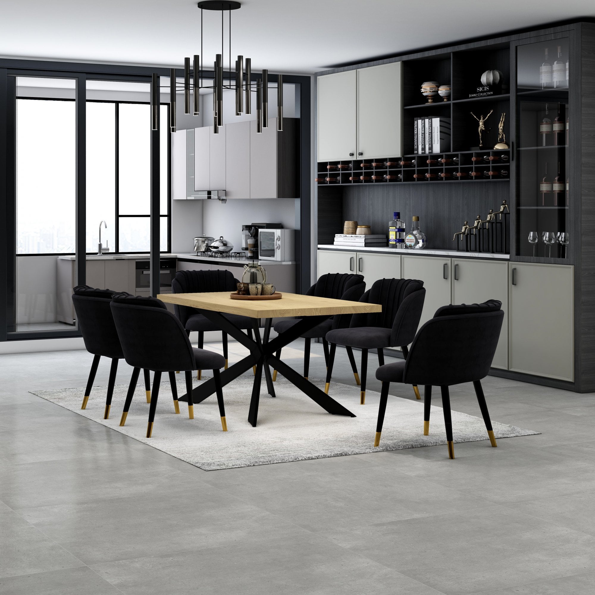 Milano Duke LUX Dining Set | a Oak Dining Table & 6 Dining Chairs with Gold End Caps