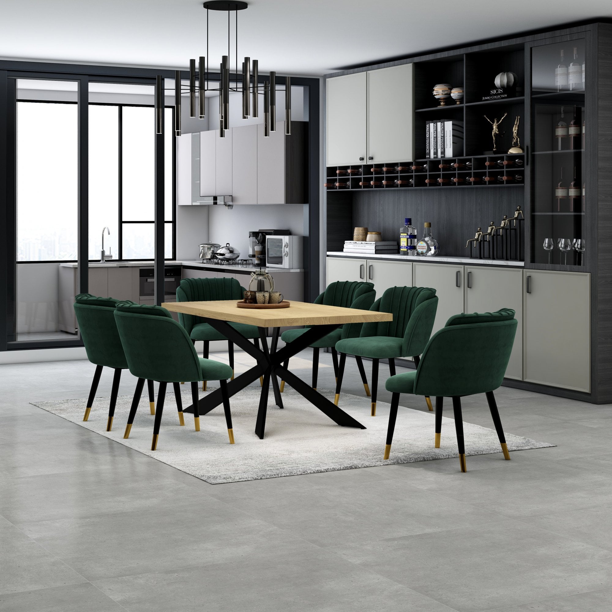 Milano Duke LUX Dining Set | a Oak Dining Table & 6 Dining Chairs with Gold End Caps