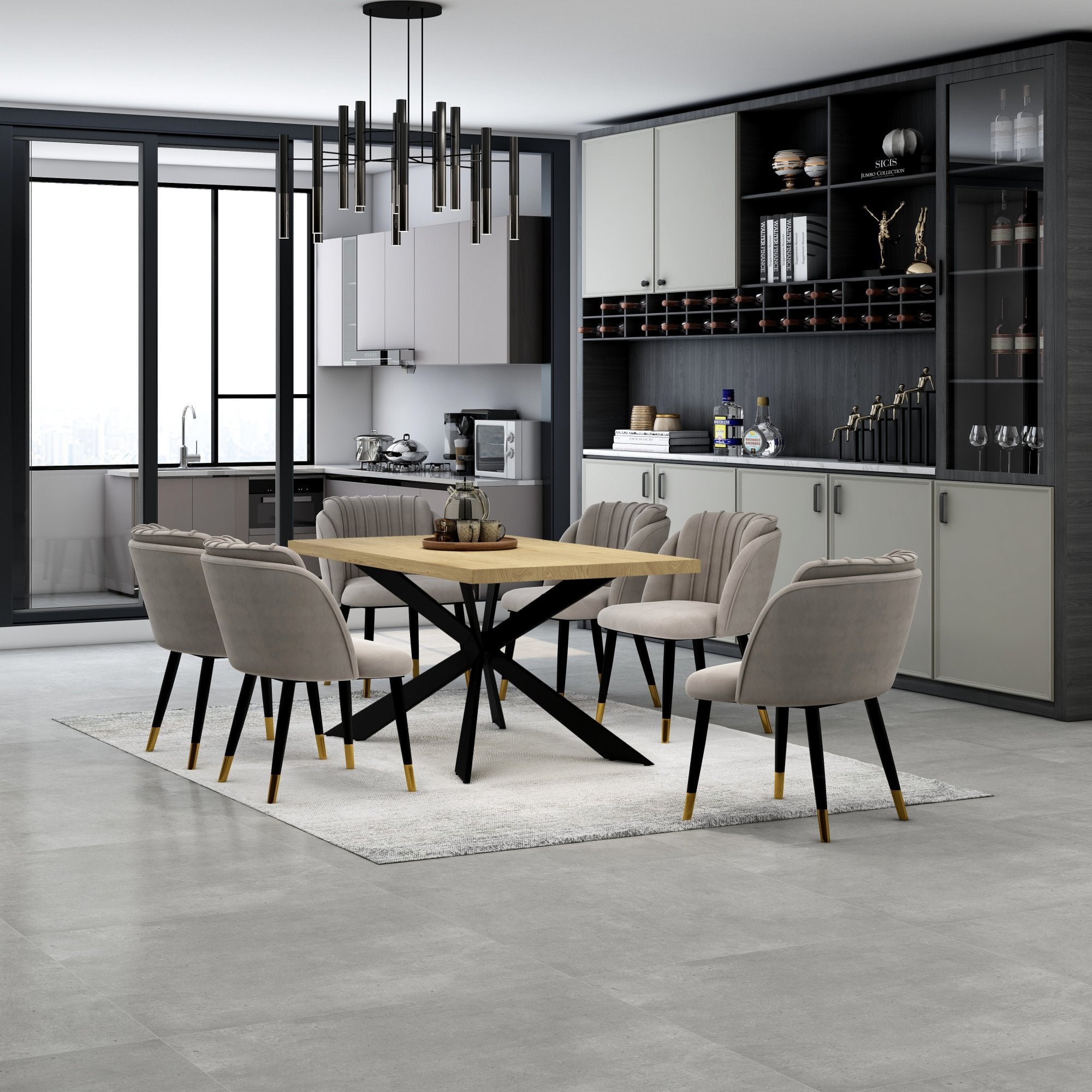 Milano Duke LUX Dining Set | a Oak Dining Table & 6 Dining Chairs with Gold End Caps