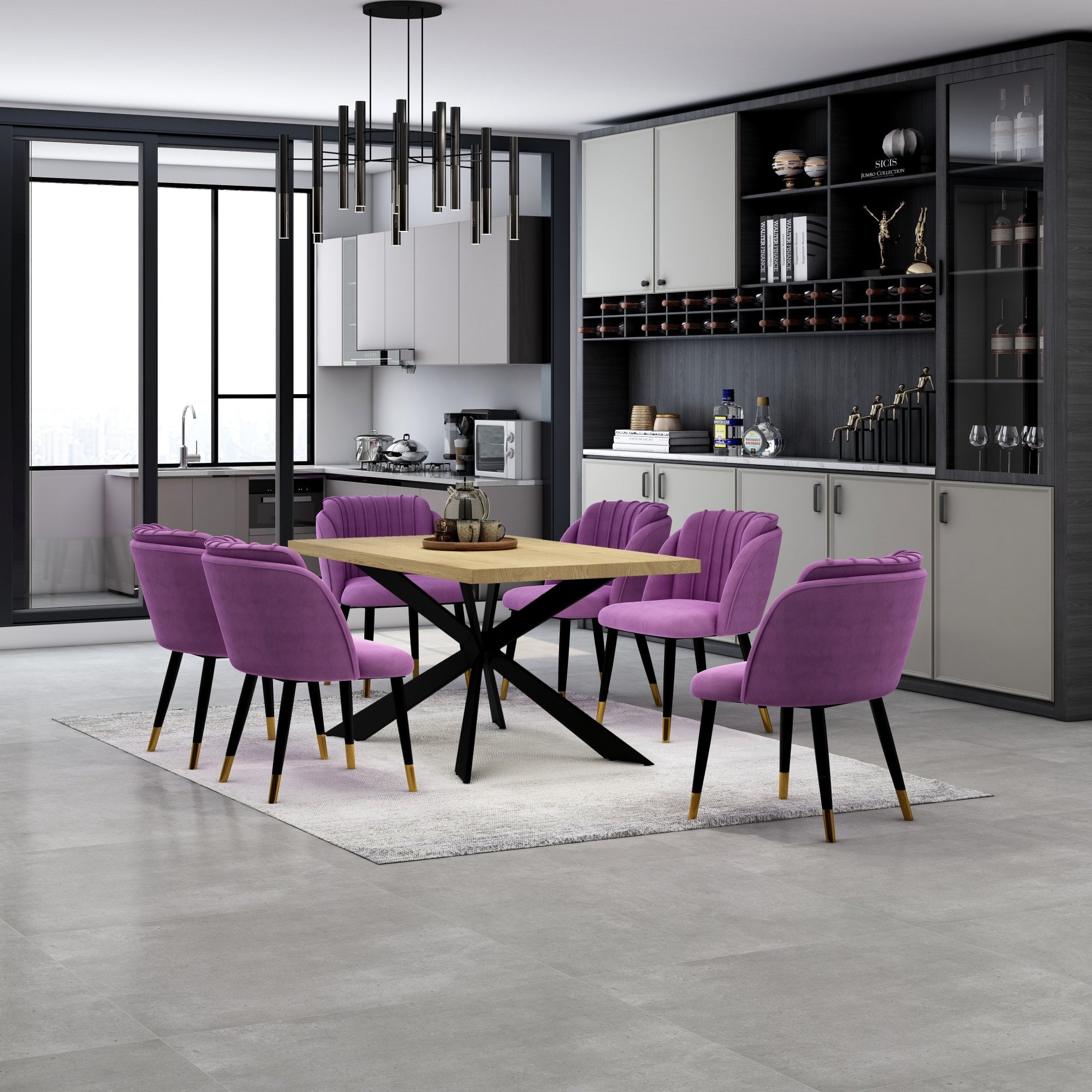 Milano Duke LUX Dining Set | a Oak Dining Table & 6 Dining Chairs with Gold End Caps