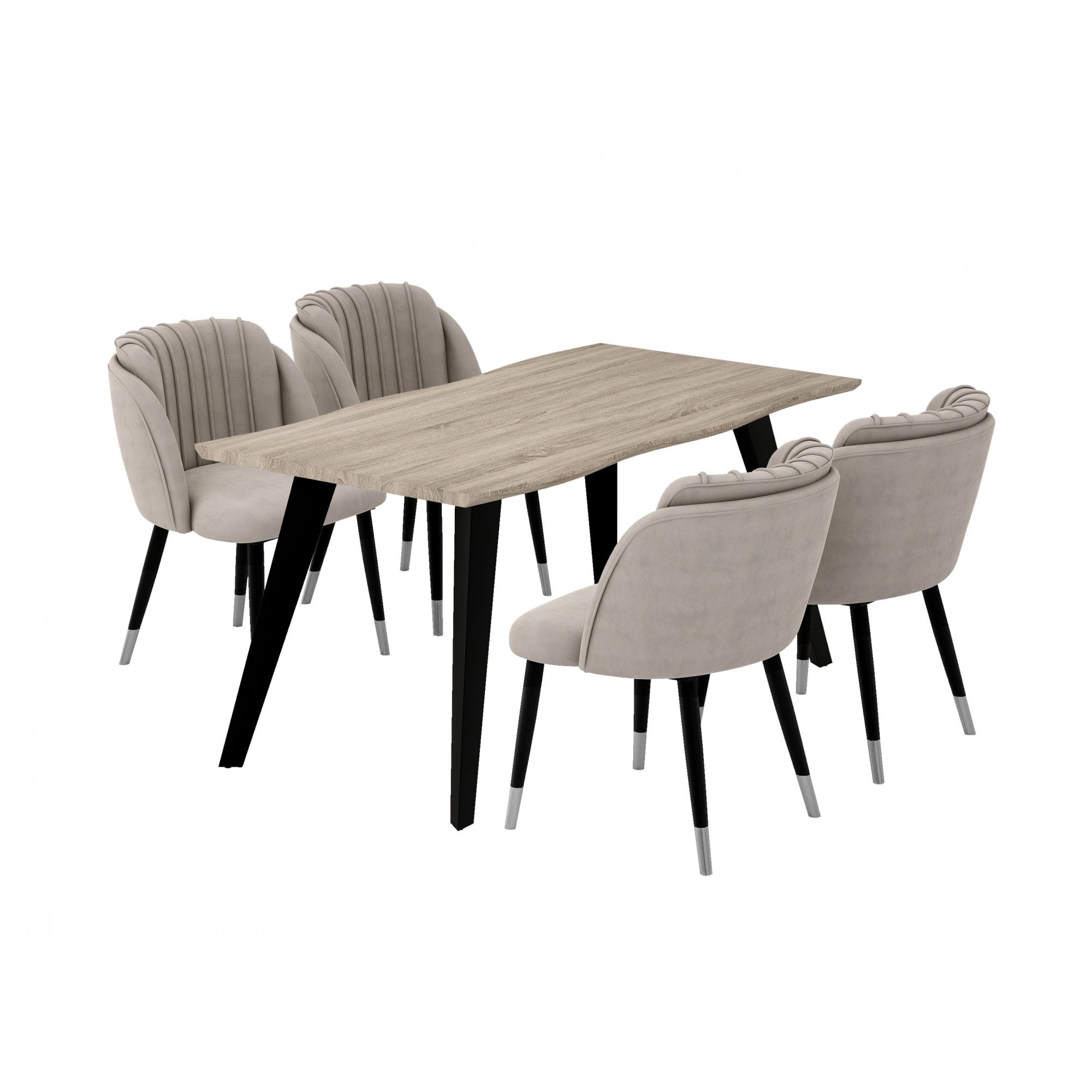 Milano Duke LUX Dining Set | a Light Walunt Dining Table & 4 Velvet Dining Chairs with Silver End Caps