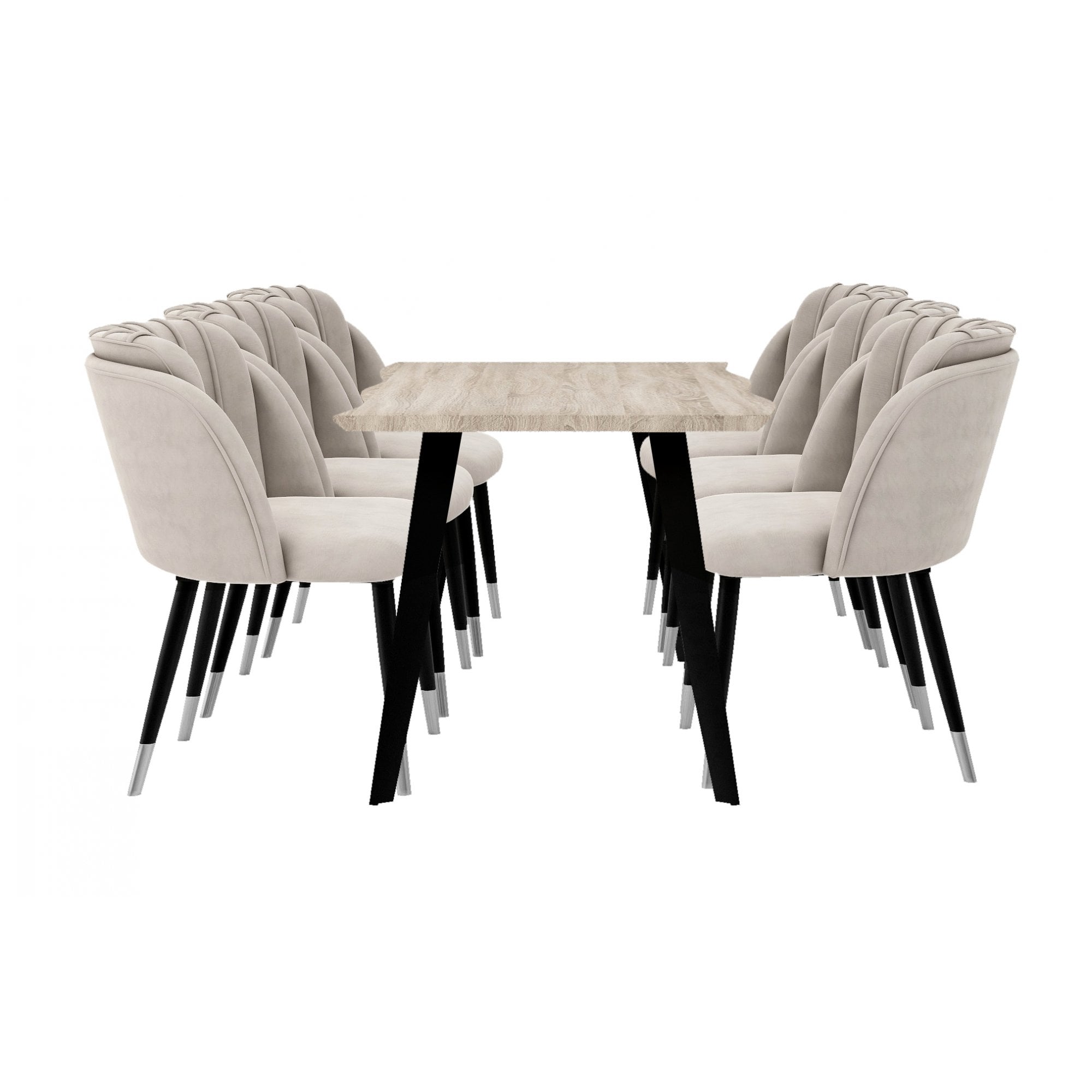 Milano Duke LUX Dining Set | a Light Walunt Dining Table & 6 Velvet Dining Chairs with Silver End Caps