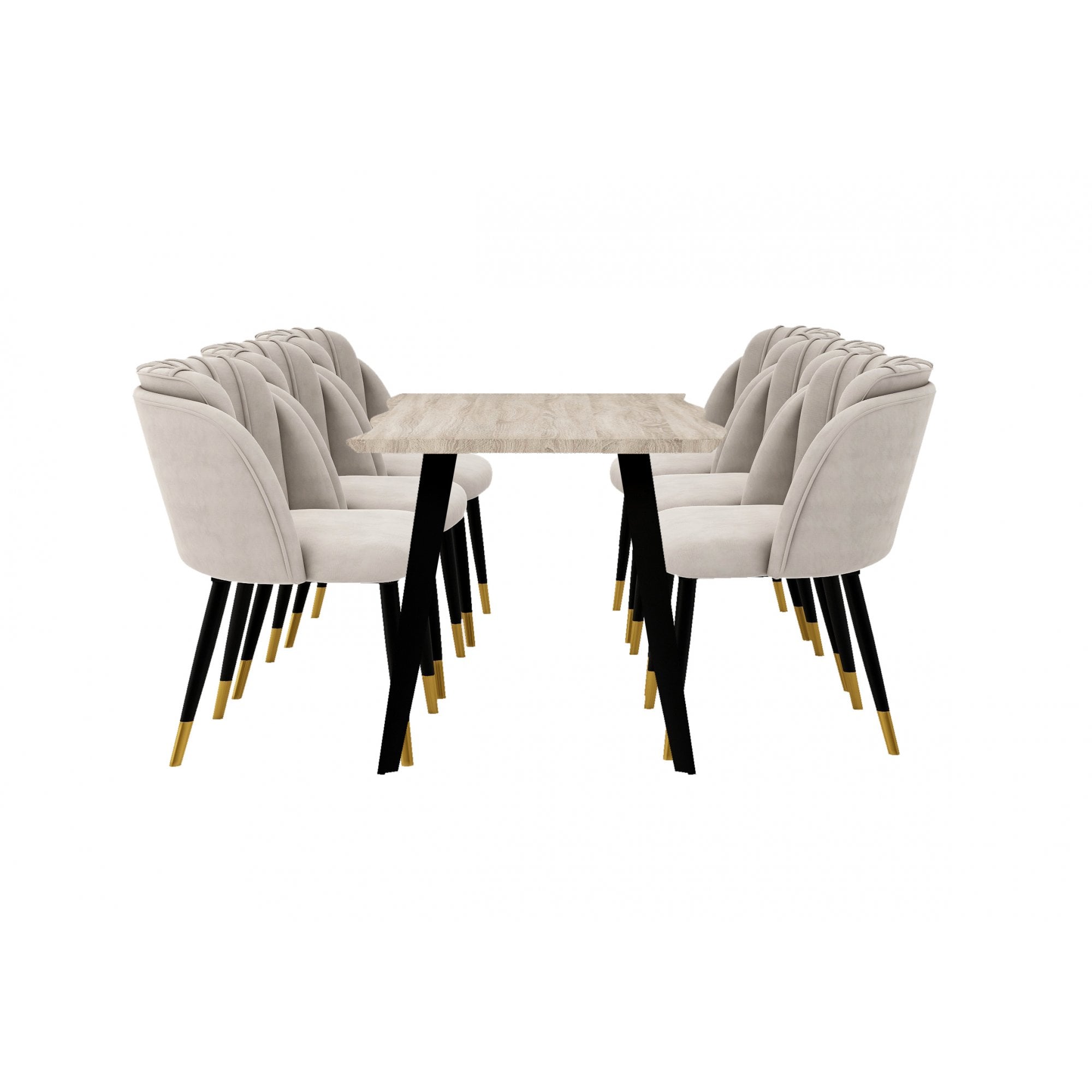 Milano Duke LUX Dining Set | a Light Walunt Dining Table & 6 Velvet Dining Chairs with Gold End Caps
