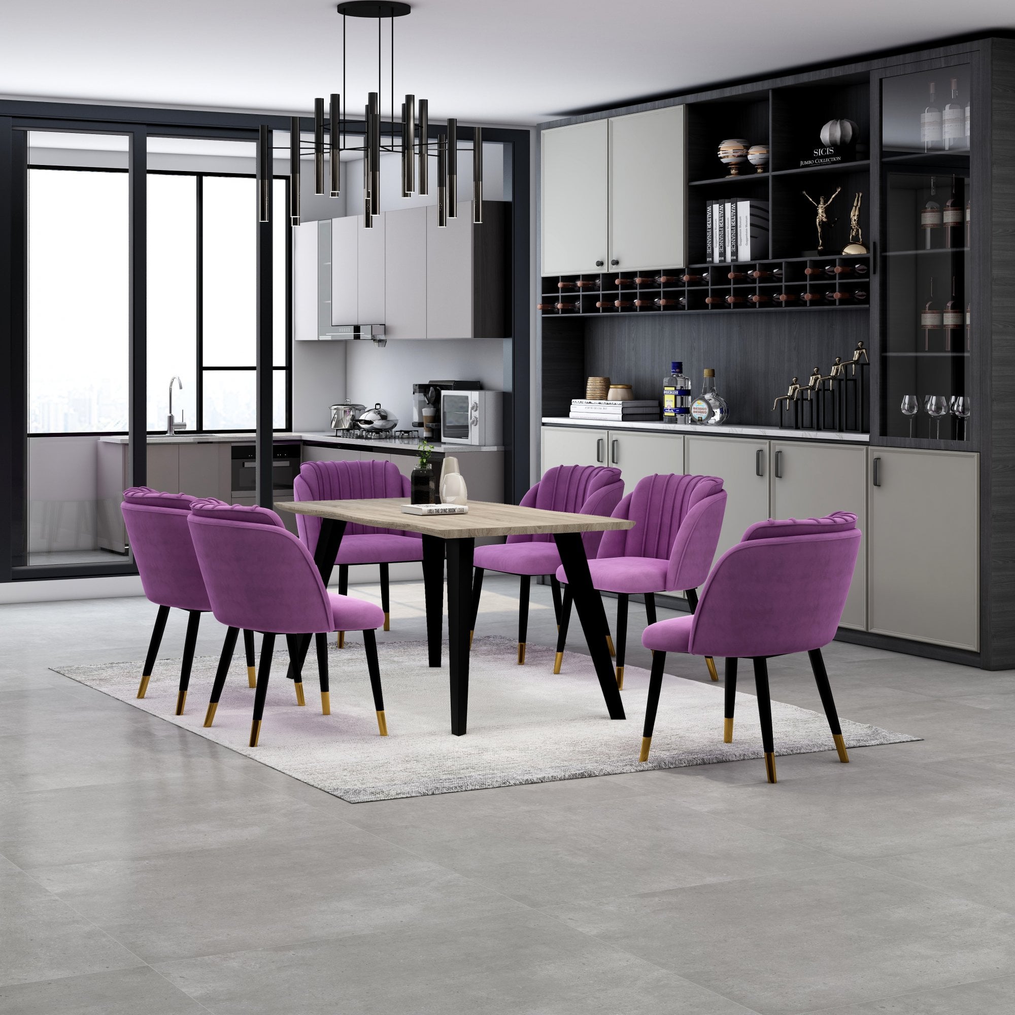 Milano Duke LUX Dining Set | a Light Walunt Dining Table & 6 Velvet Dining Chairs with Gold End Caps