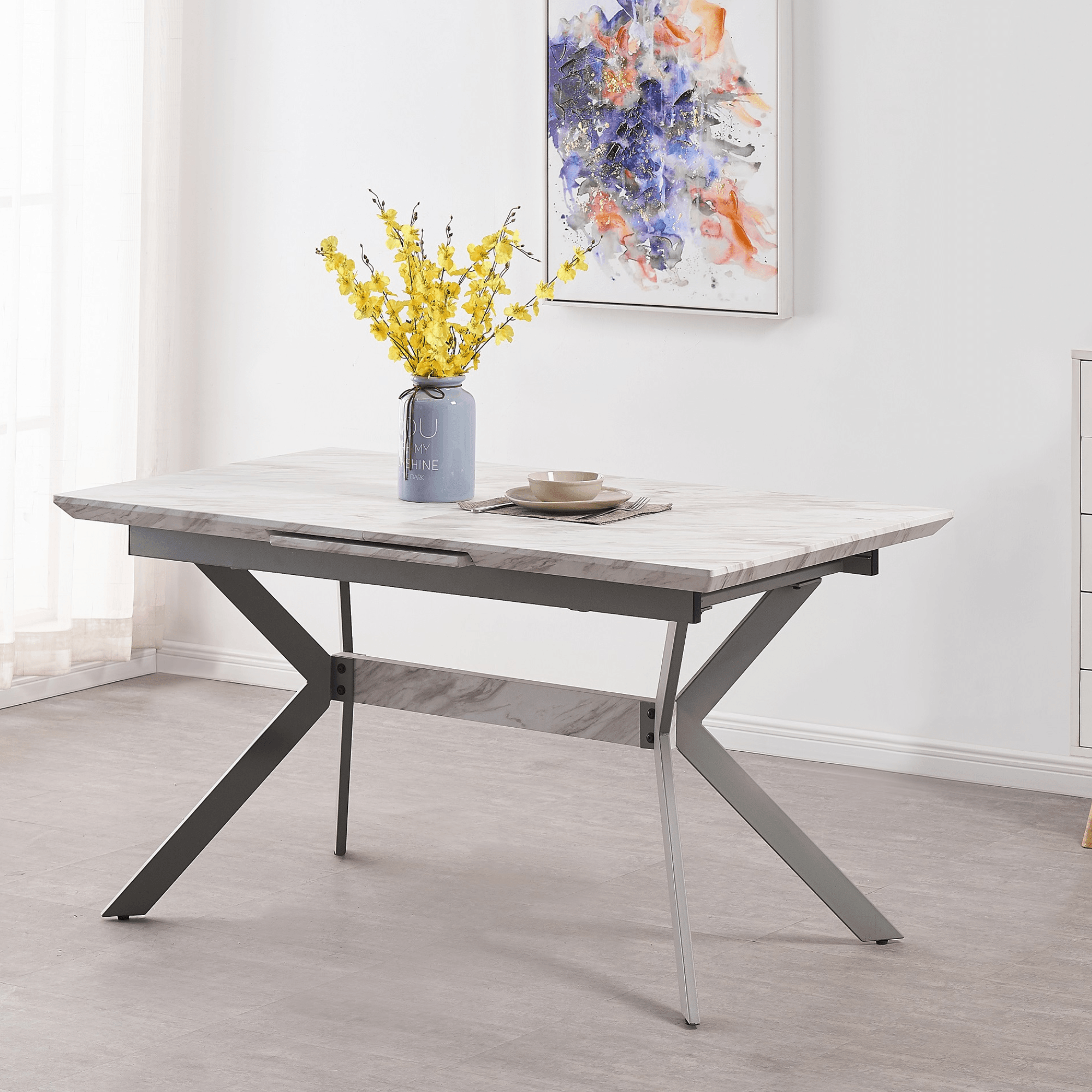 Milano Blaze LUX Dining Set | a White EXTENDABLE Dining Table & 6 Velvet Dining Chairs with Silver End Caps - PN Home