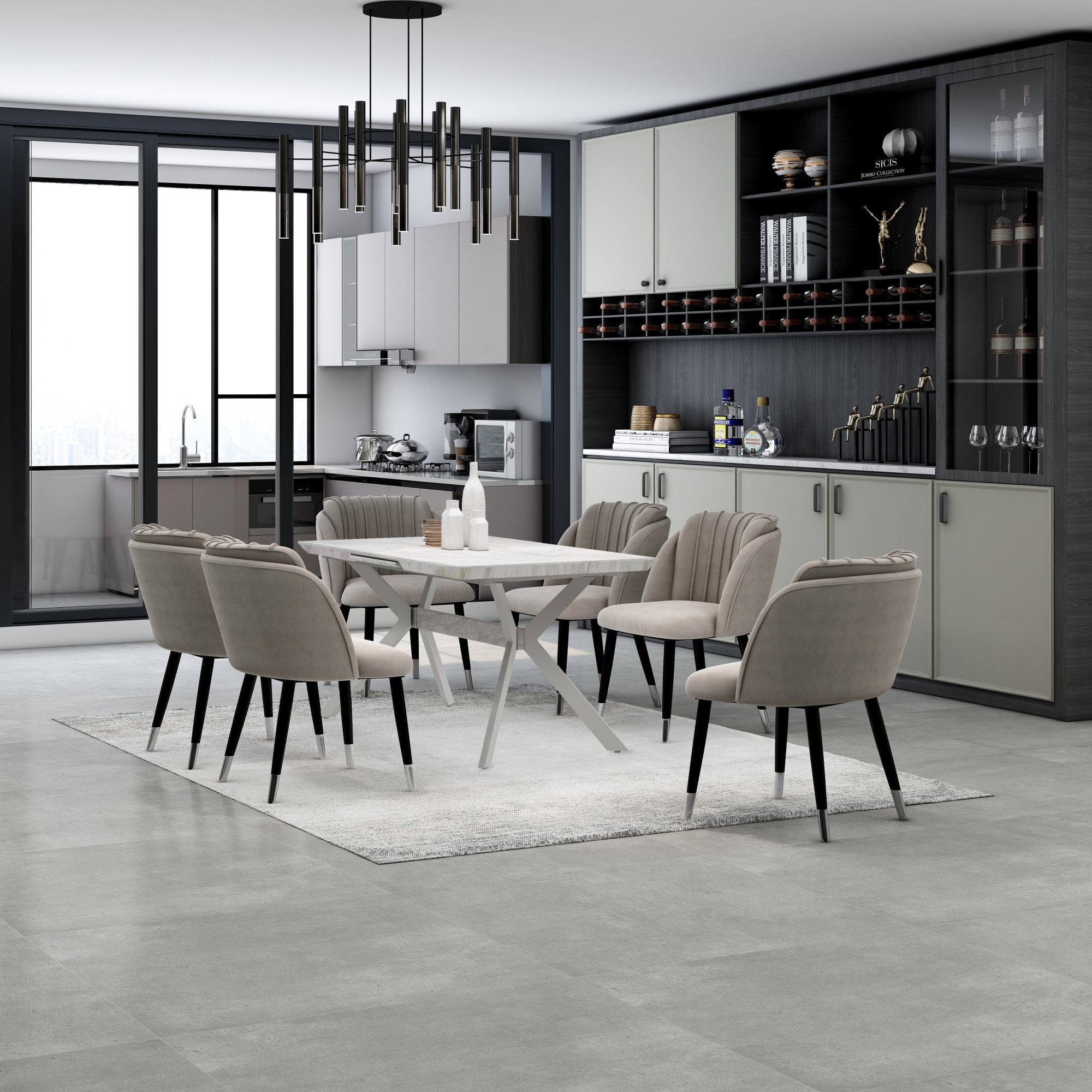 Milano Blaze LUX Dining Set | a White EXTENDABLE Dining Table & 6 Velvet Dining Chairs with Silver End Caps - PN Home