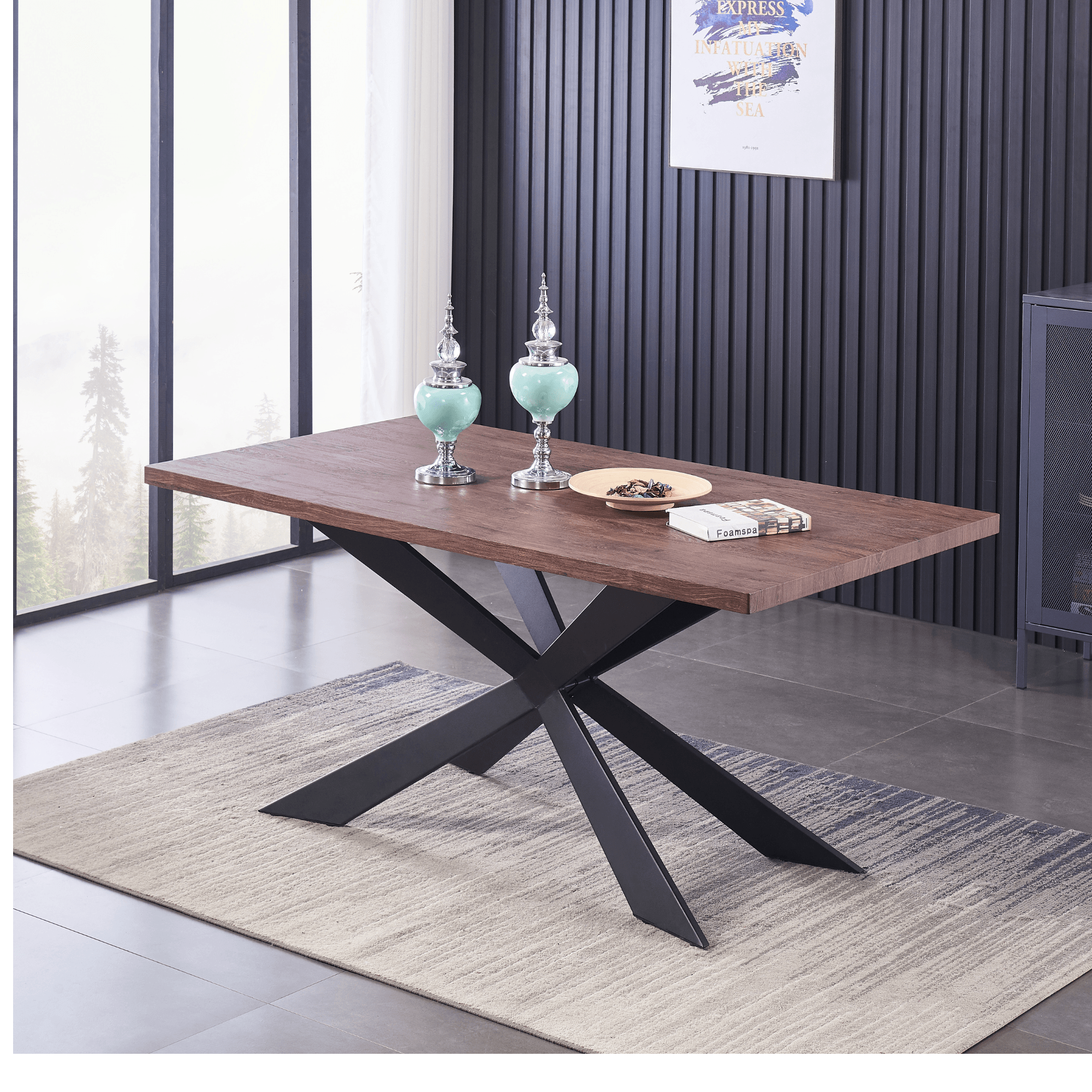 Milano Duke LUX Dining Set | a Walnut Dining Table & 4 Velvet Dining Chairs with Silver End Caps