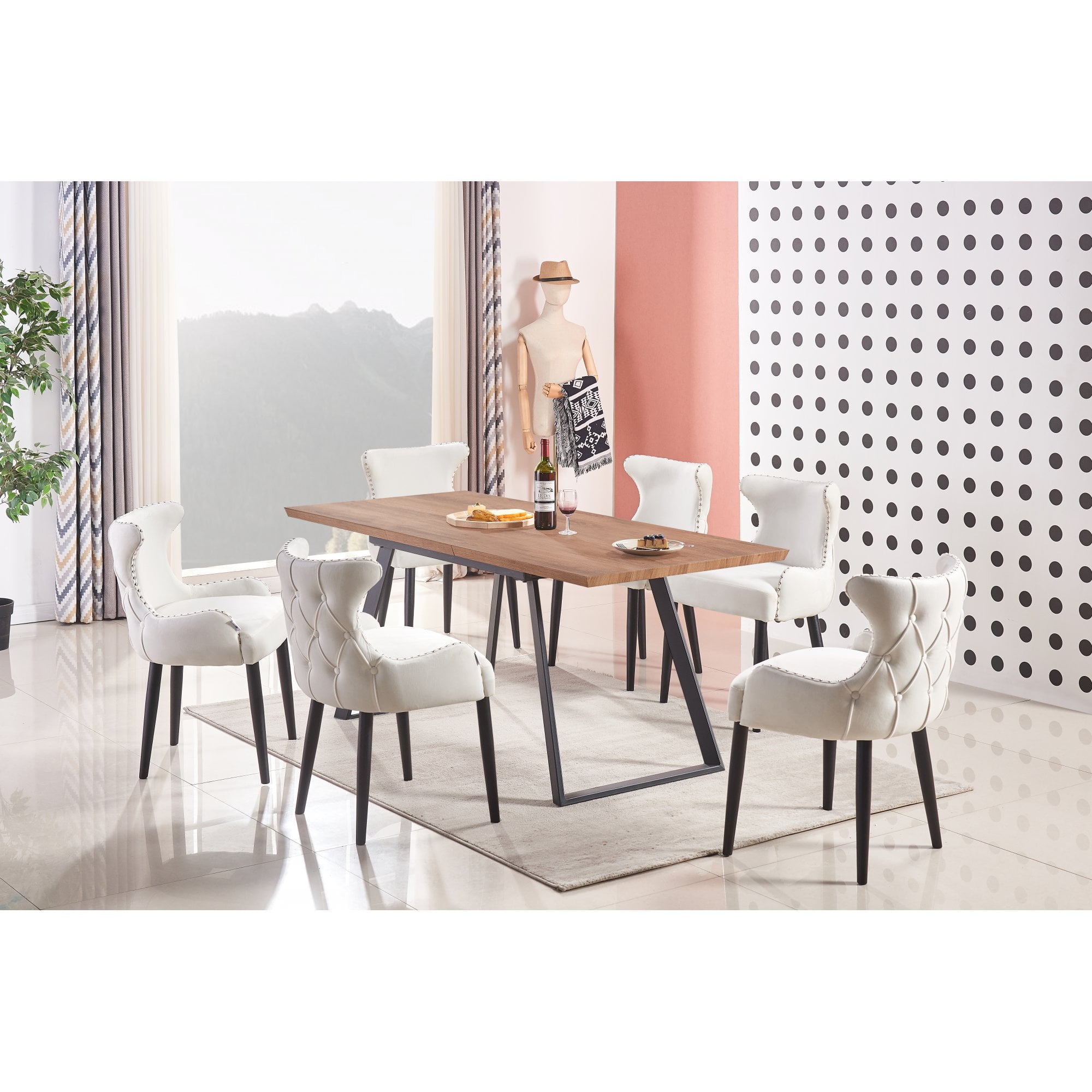 Toga Oxford LUX Dining Set - Toga Extendable Walnut Dining Table w/ a Set of 6 Oxford LUX Velvet Dining Chairs