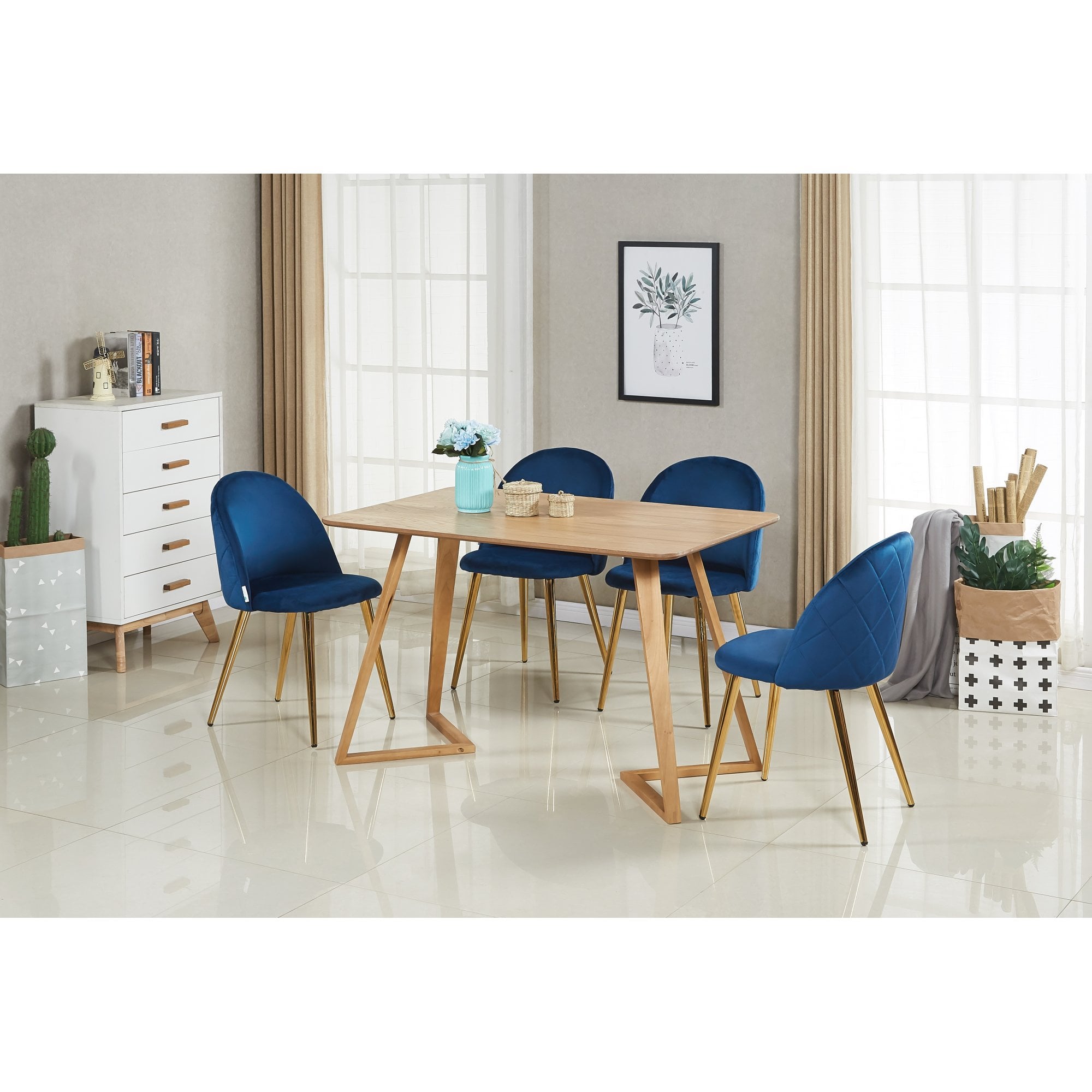 Lucia Dallas Dining Table and Chairs Set of 4 - an Oak Dining Table & Set of 4 Velvet Dining Chairs