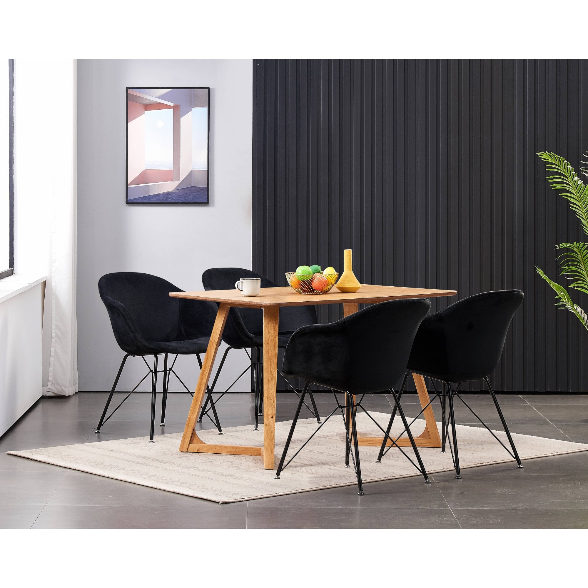 Valentina Dallas Dining Table Chairs Set of 4 - An Oak Dining Table & Set of 4 Black Velvet Dining Chairs - PN Home