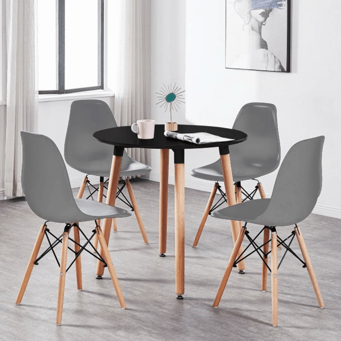 Eiffel Halo Round Dining Table Set with 4 Chairs - MDF Top, Plastic Chairs with Wooden Legs
