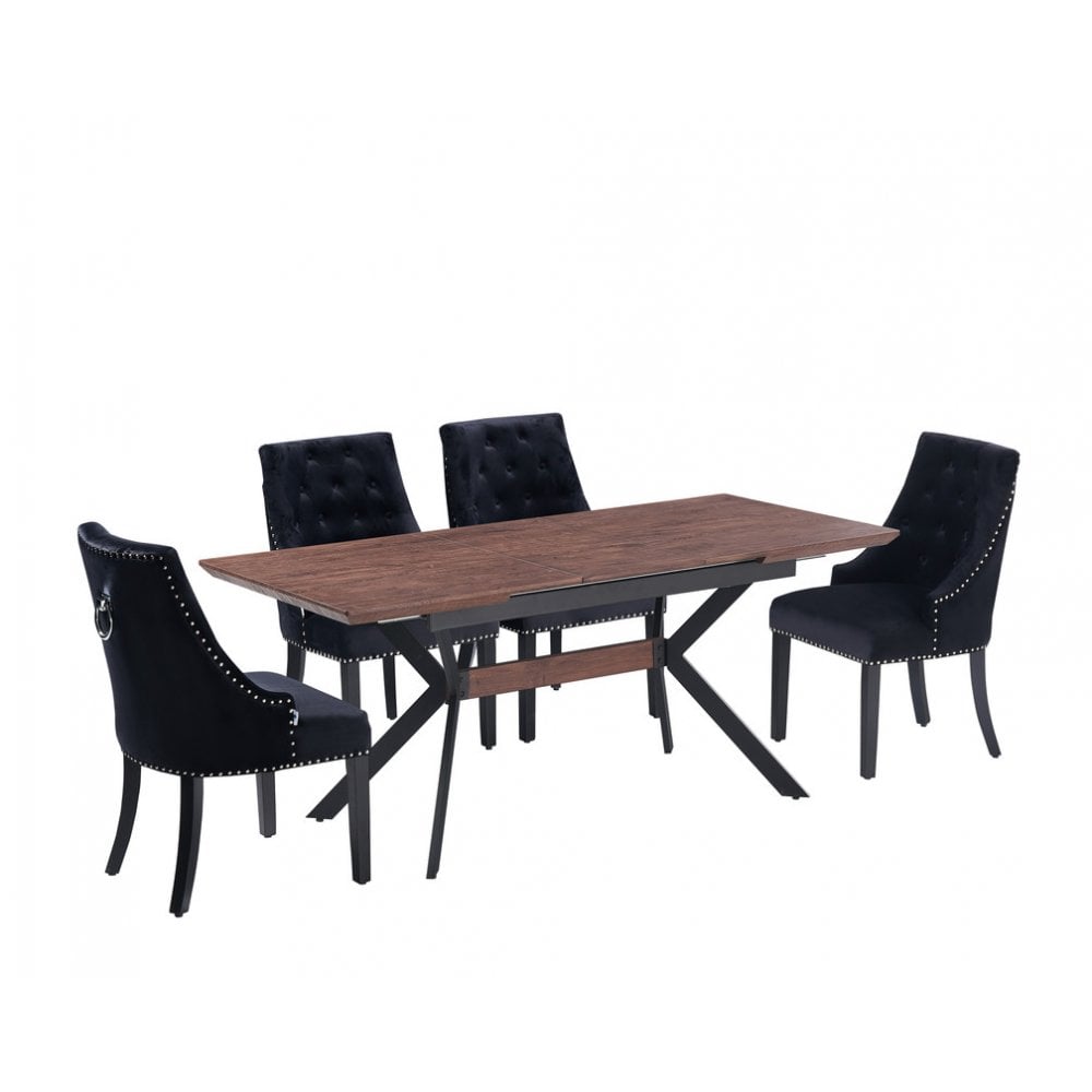 Blaze Walnut Dining Table and Set of 4 Black Windsor Dining Chairs