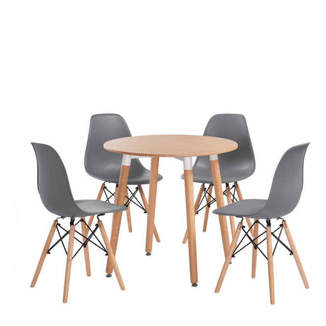Eiffel Halo Round Dining Table Set with 4 Chairs - MDF Top, Plastic Chairs with Wooden Legs