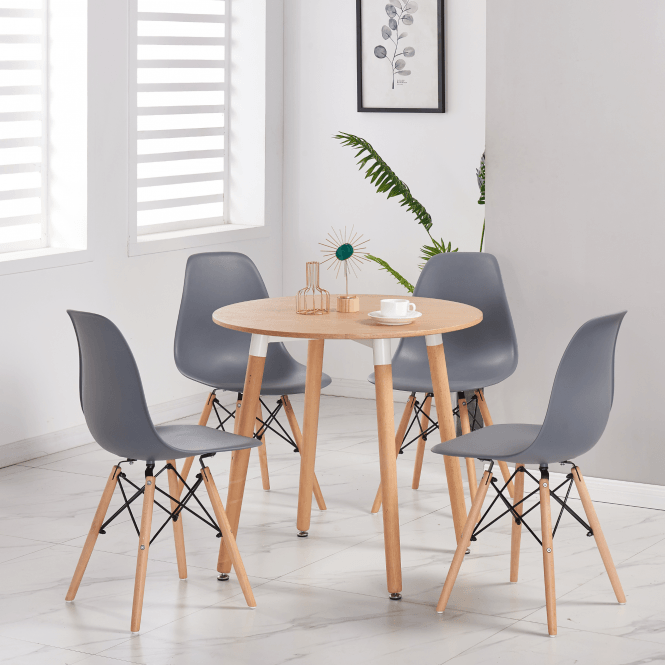 Eiffel Halo Round Dining Table Set with 4 Chairs - MDF Top, Plastic Chairs with Wooden Legs