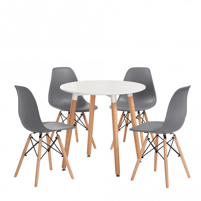 Eiffel Halo Round Dining Table Set with 4 Chairs - MDF Top, Plastic Chairs with Wooden Legs