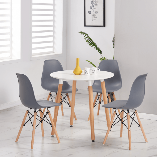 Eiffel Halo Round Dining Table Set with 4 Chairs - MDF Top, Plastic Chairs with Wooden Legs