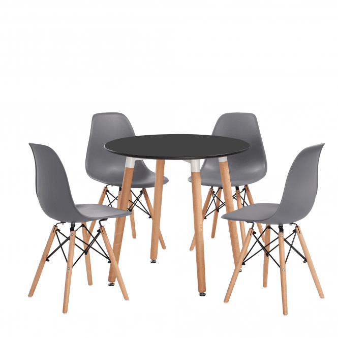 Eiffel Halo Round Dining Table Set with 4 Chairs - MDF Top, Plastic Chairs with Wooden Legs