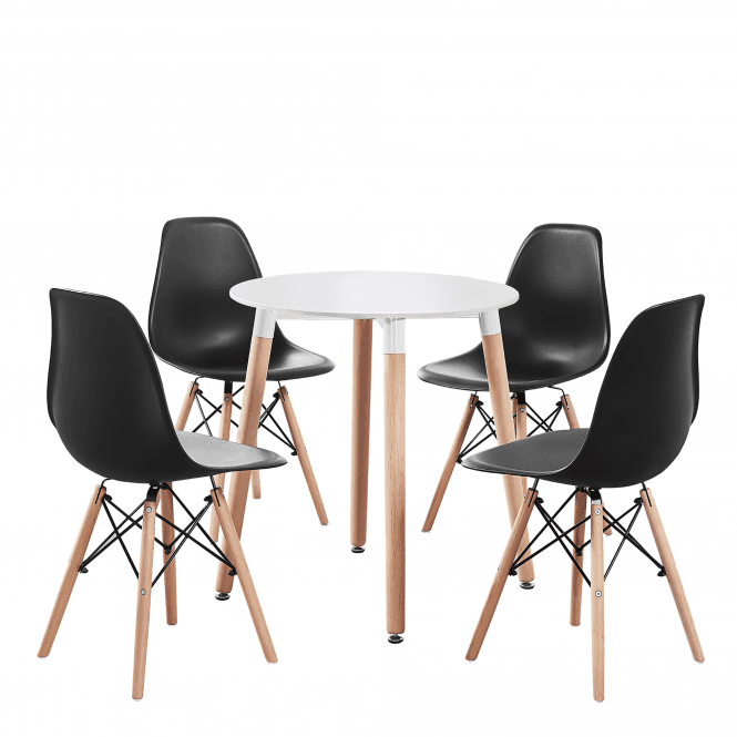 Eiffel Halo Round Dining Table Set with 4 Chairs - MDF Top, Plastic Chairs with Wooden Legs