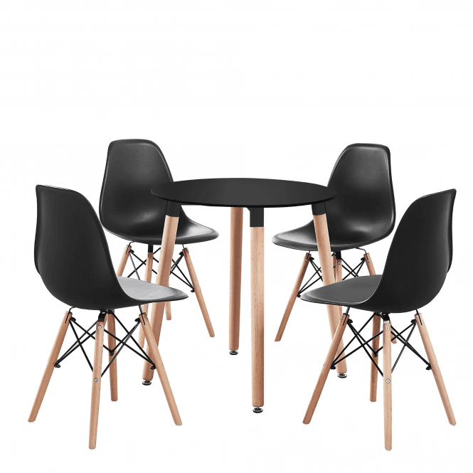 Eiffel Halo Round Dining Table Set with 4 Chairs - MDF Top, Plastic Chairs with Wooden Legs