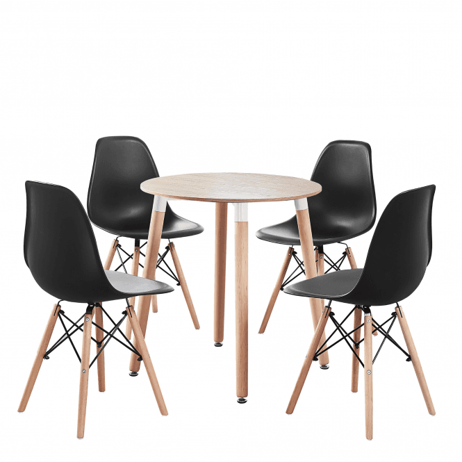 Eiffel Halo Round Dining Table Set with 4 Chairs - MDF Top, Plastic Chairs with Wooden Legs