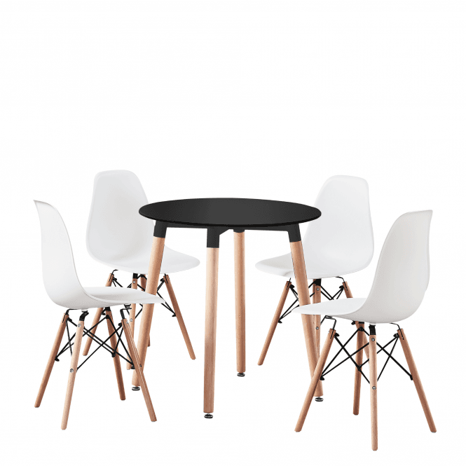 Eiffel Halo Round Dining Table Set with 4 Chairs - MDF Top, Plastic Chairs with Wooden Legs
