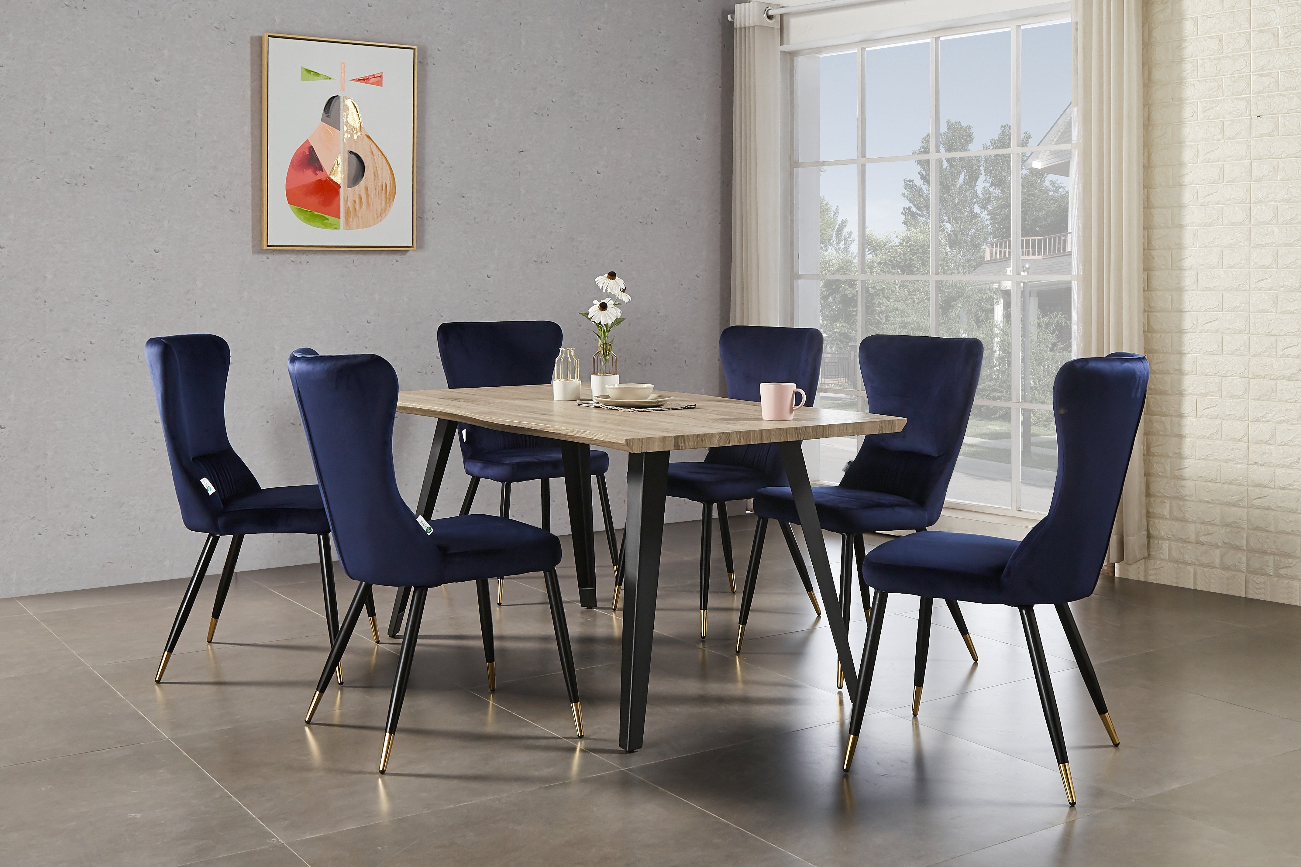 7 Pieces New York Rocco Dining Set - a Walnut Rectangular Dining Table and Set of 6 Green Dining Chairs