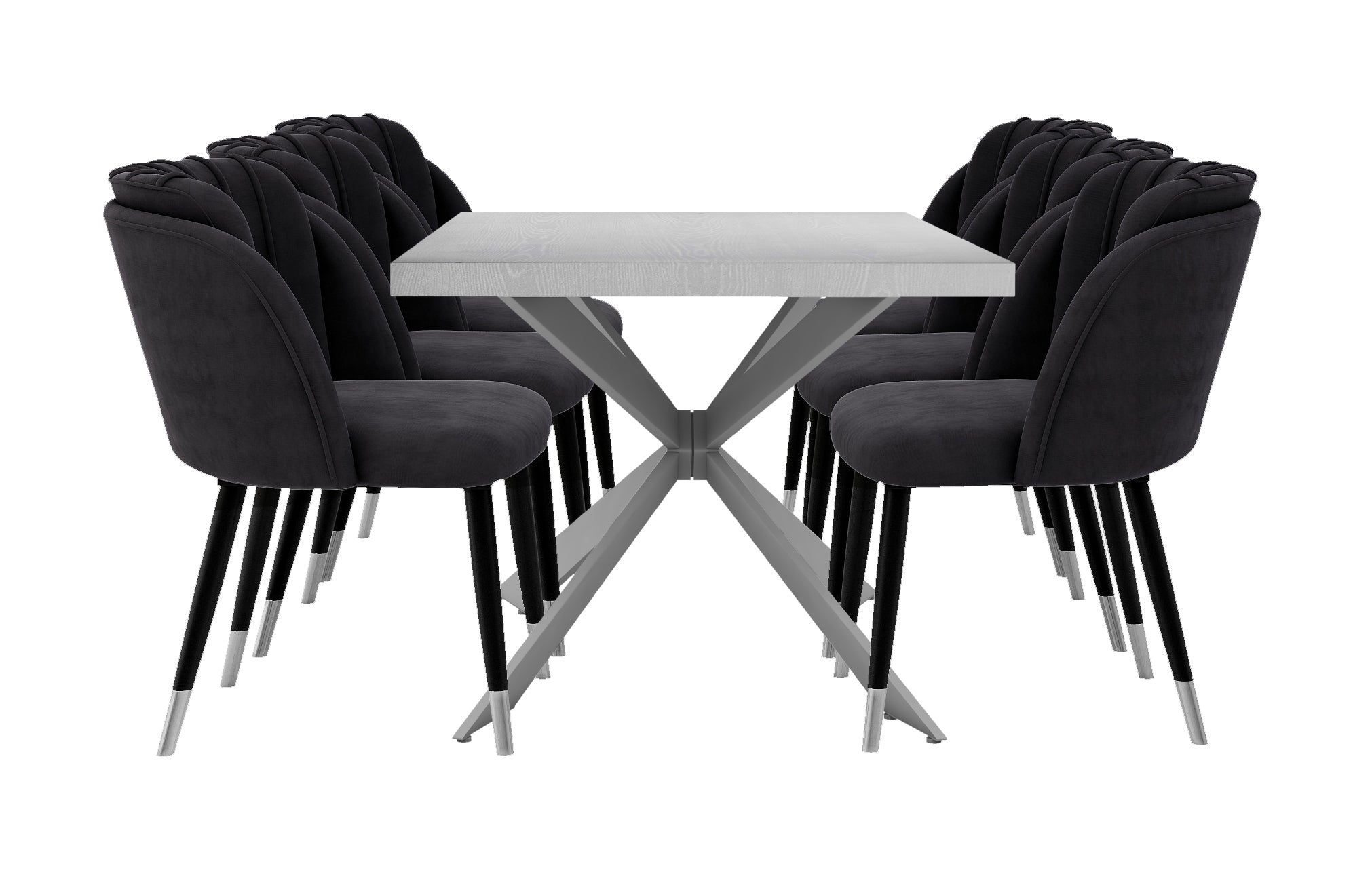 Milano Duke LUX Dining Set | a White Dining Table & 6 Velvet Dining Chairs with Silver End Caps
