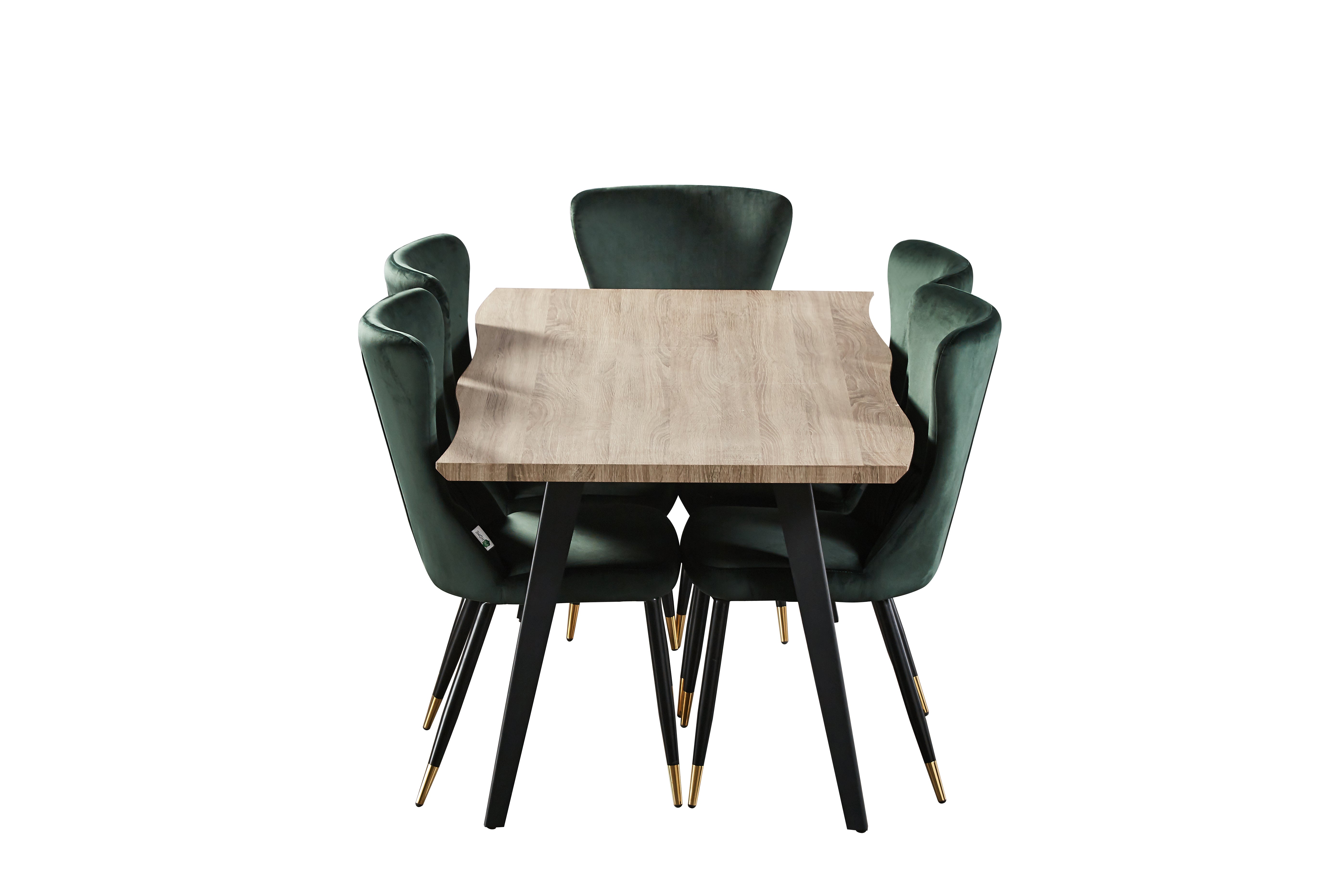 7 Pieces New York Rocco Dining Set - a Walnut Rectangular Dining Table and Set of 6 Green Dining Chairs