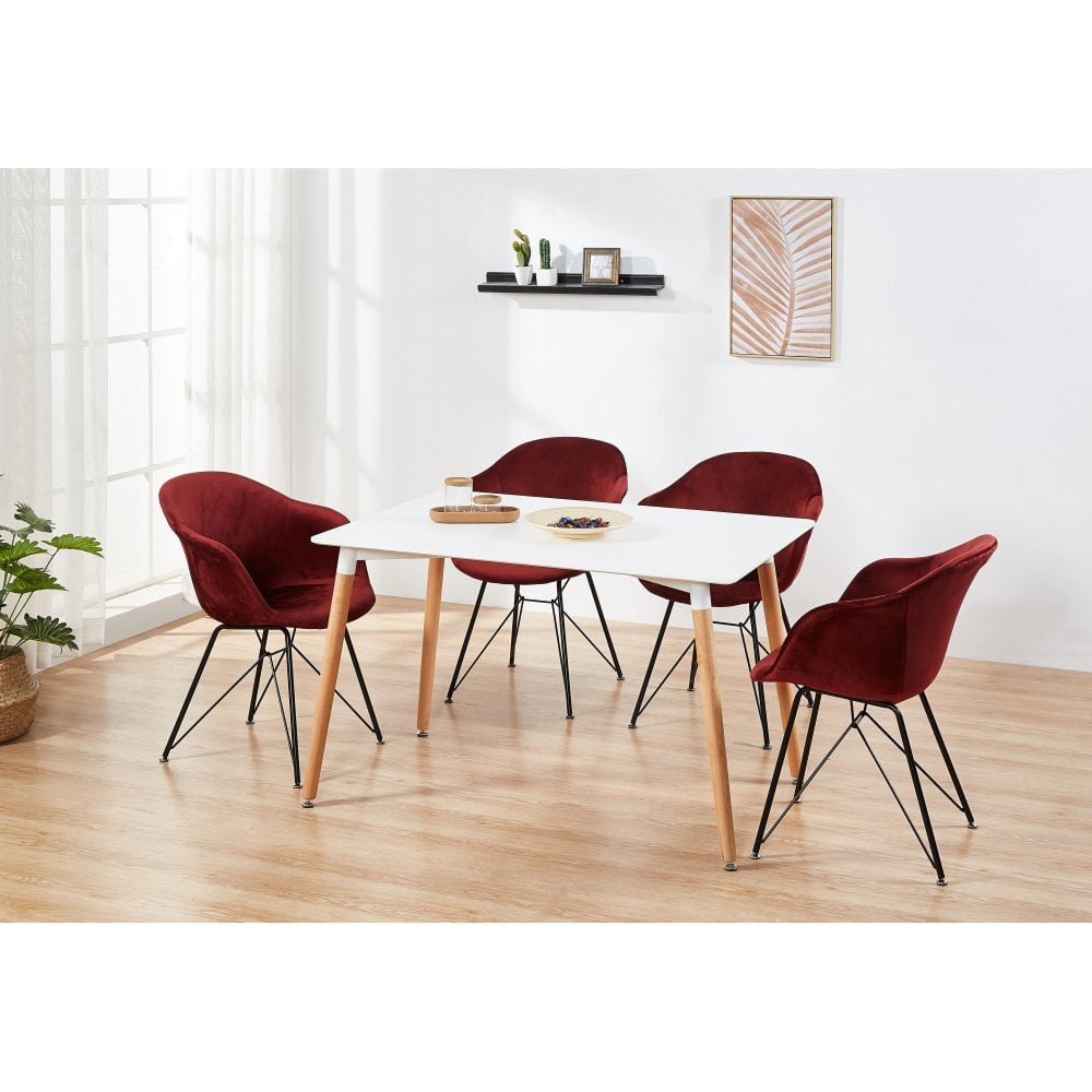 Valentina Halo White Dining Set with 4 Velvet Chairs