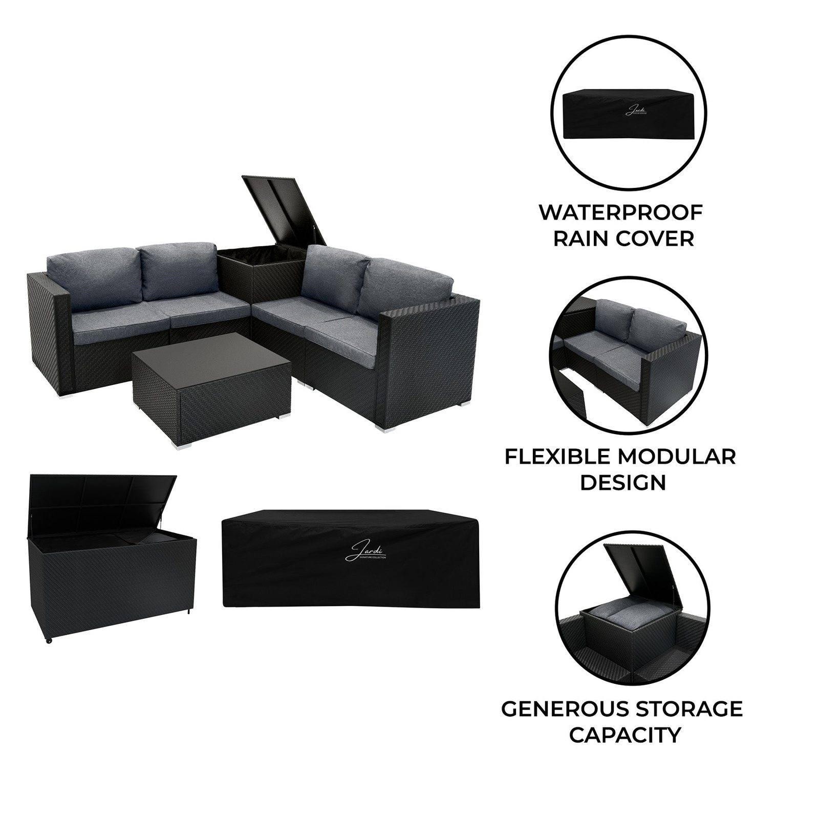 Rattan Modular 6 Piece Furniture Set & 996L Storage Box Black