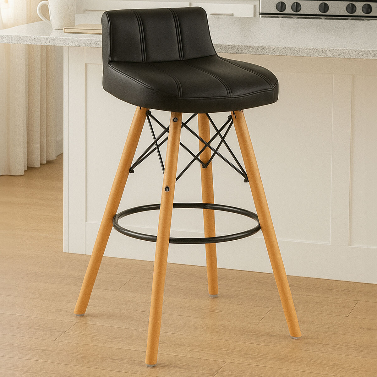 Stockholm Black Leather Effect Bar Stool with Wood Legs