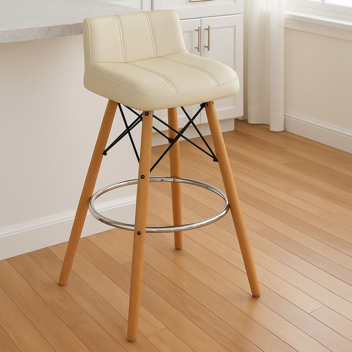 Stockholm White Leather Effect Bar Stool with Wood Legs
