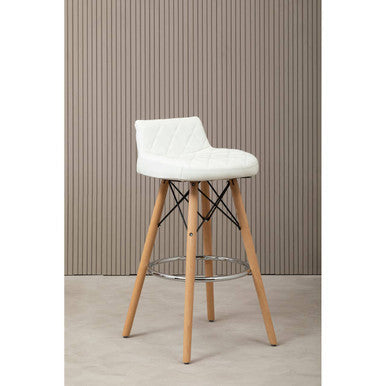 Stockholm White Leather Effect Quilted Bar Stool with Wood Legs